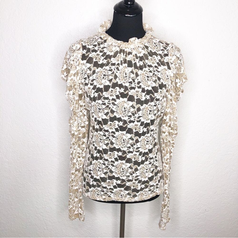 Anthropologie Dolan tan white floral lace puff shoulder sheer top size Medium